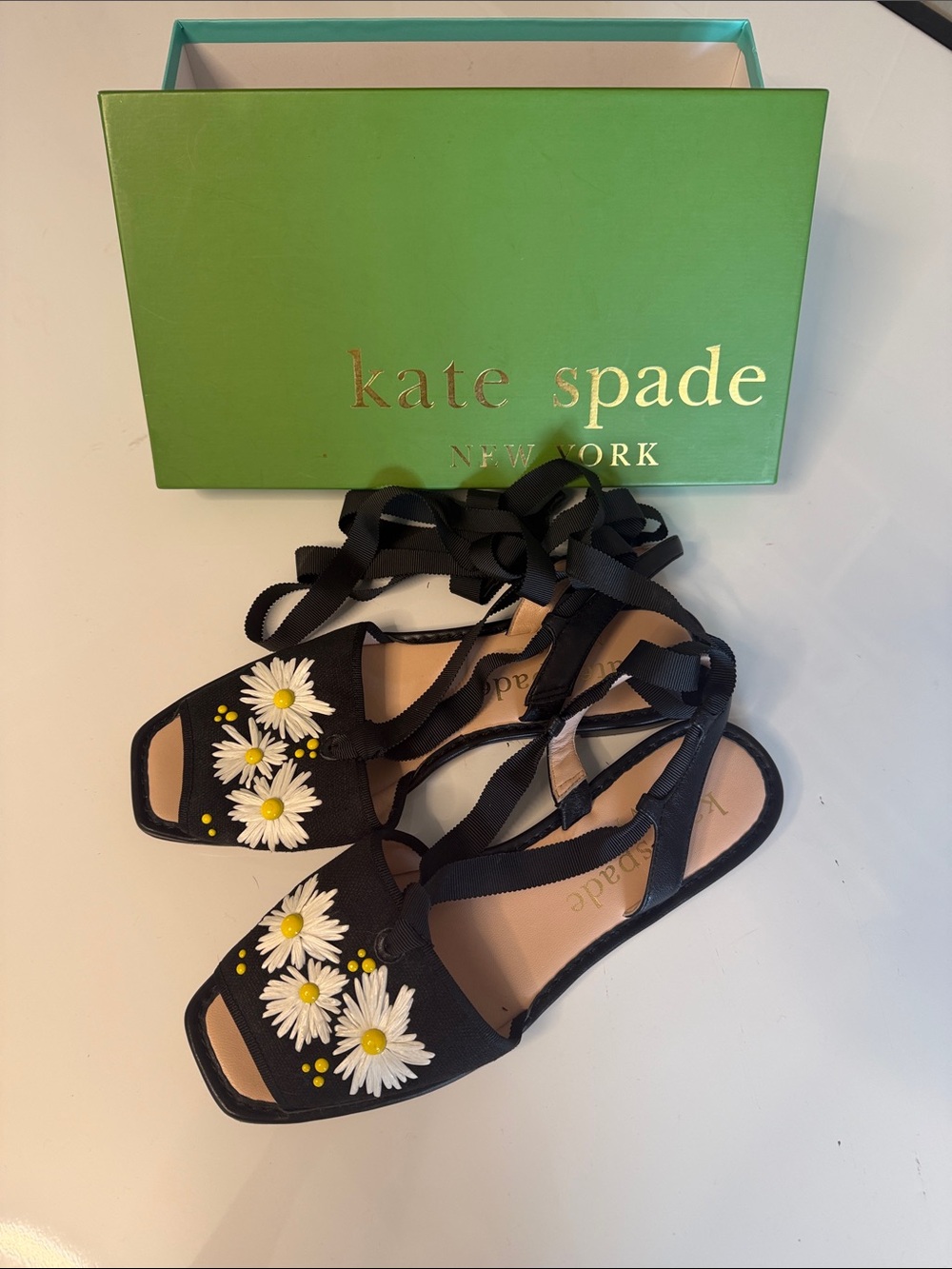 kate spade Michaela Black Lace-Up Sandals with White Daisy Embroidery